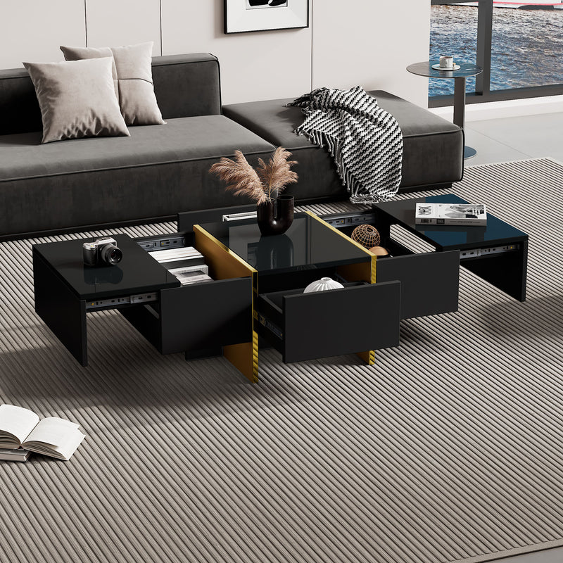 Table basse rectangulaire noire brillant 4 tiroirs accents dorés YIHRETH