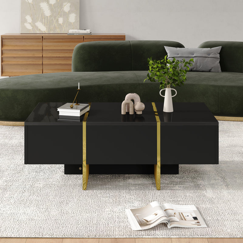 Table basse rectangulaire noire brillant 4 tiroirs accents dorés YIHRETH