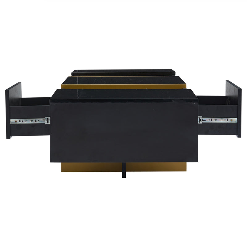 Table basse rectangulaire noire brillant 4 tiroirs accents dorés YIHRETH