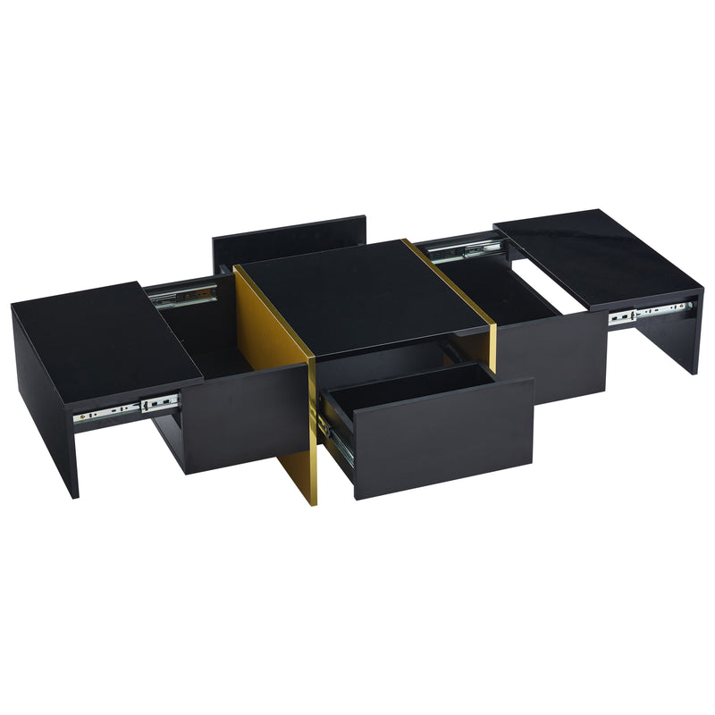 Table basse rectangulaire noire brillant 4 tiroirs accents dorés YIHRETH