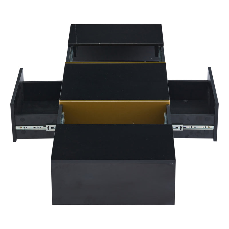 Table basse rectangulaire noire brillant 4 tiroirs accents dorés YIHRETH