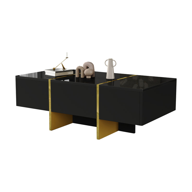 Table basse rectangulaire noire brillant 4 tiroirs accents dorés YIHRETH