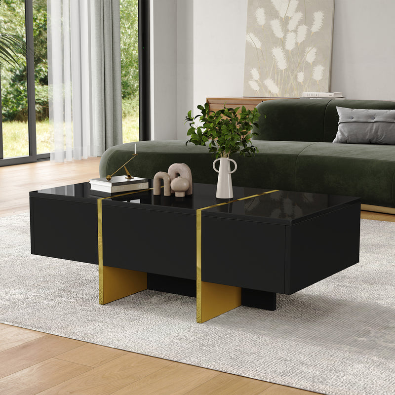 Table basse rectangulaire noire brillant 4 tiroirs accents dorés YIHRETH