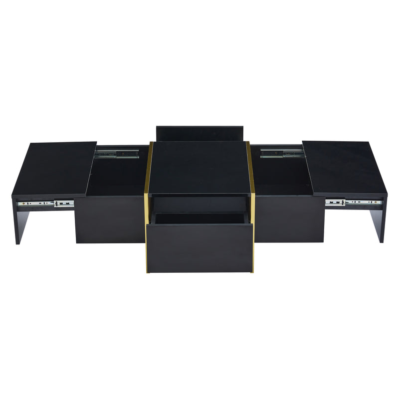 Table basse rectangulaire noire brillant 4 tiroirs accents dorés YIHRETH