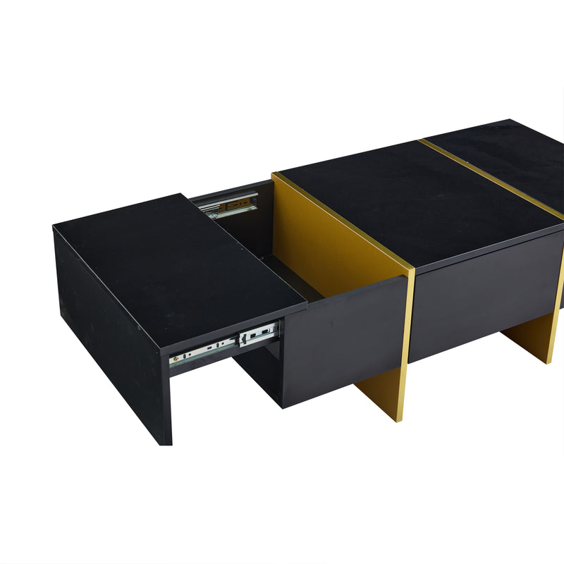 Table basse rectangulaire noire brillant 4 tiroirs accents dorés YIHRETH