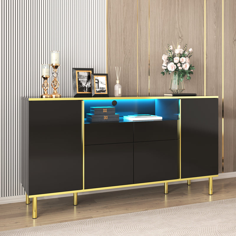 Buffet moderne noir brillant avec 2 tiroirs avec éclairage LED pieds dorés L150/P40/H80cm YIRELL