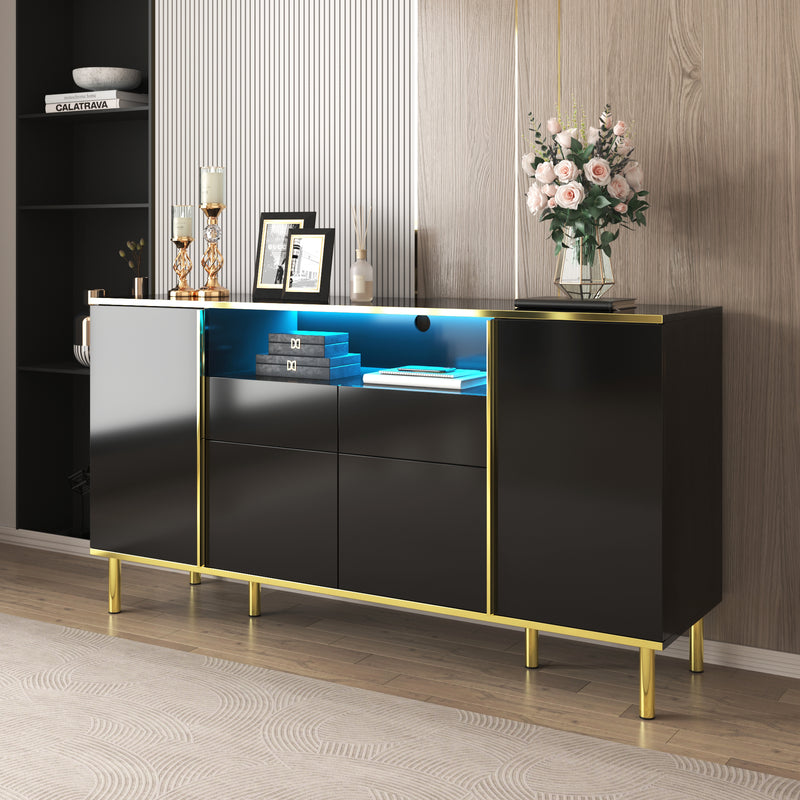 Buffet moderne noir brillant avec 2 tiroirs avec éclairage LED pieds dorés L150/P40/H80cm YIRELL