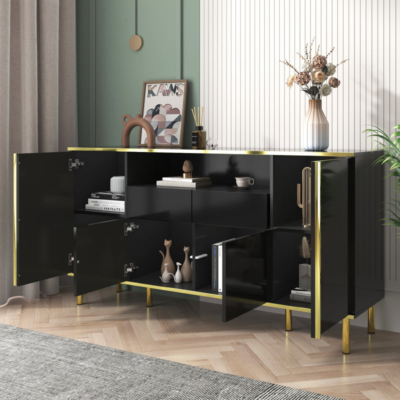 Buffet moderne noir brillant avec 2 tiroirs avec éclairage LED pieds dorés L150/P40/H80cm YIRELL