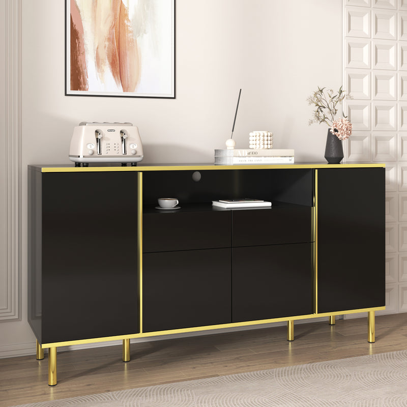 Buffet moderne noir brillant avec 2 tiroirs avec éclairage LED pieds dorés L150/P40/H80cm YIRELL