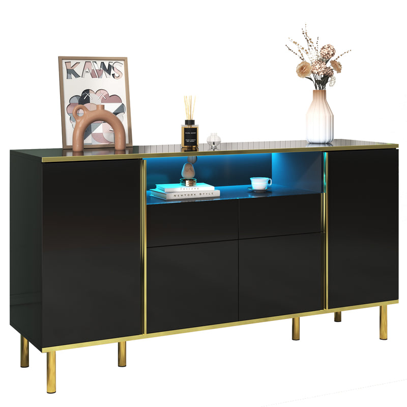 Buffet moderne noir brillant avec 2 tiroirs avec éclairage LED pieds dorés L150/P40/H80cm YIRELL