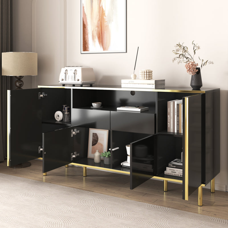 Buffet moderne noir brillant avec 2 tiroirs avec éclairage LED pieds dorés L150/P40/H80cm YIRELL