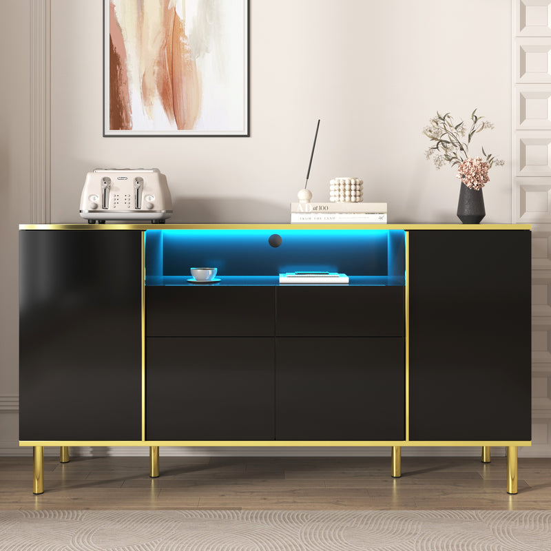 Buffet moderne noir brillant avec 2 tiroirs avec éclairage LED pieds dorés L150/P40/H80cm YIRELL