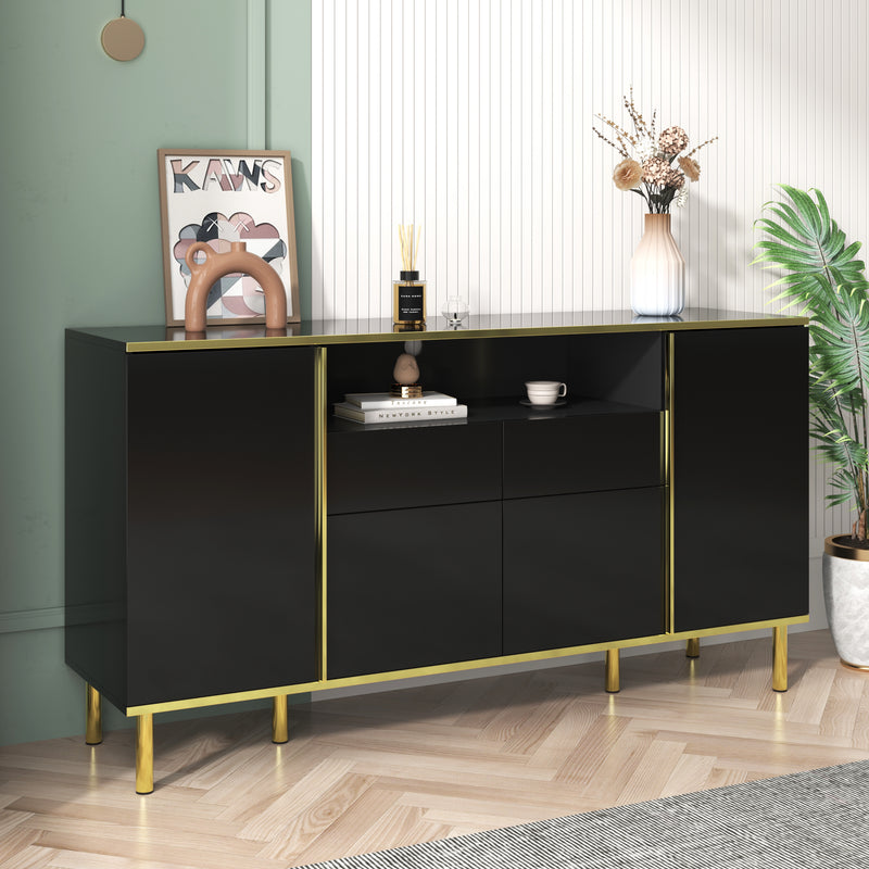 Buffet moderne noir brillant avec 2 tiroirs avec éclairage LED pieds dorés L150/P40/H80cm YIRELL