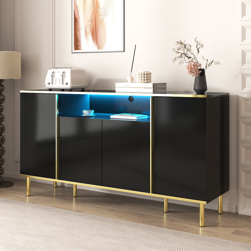 Buffet moderne noir brillant avec 2 tiroirs avec éclairage LED pieds dorés L150/P40/H80cm YIRELL