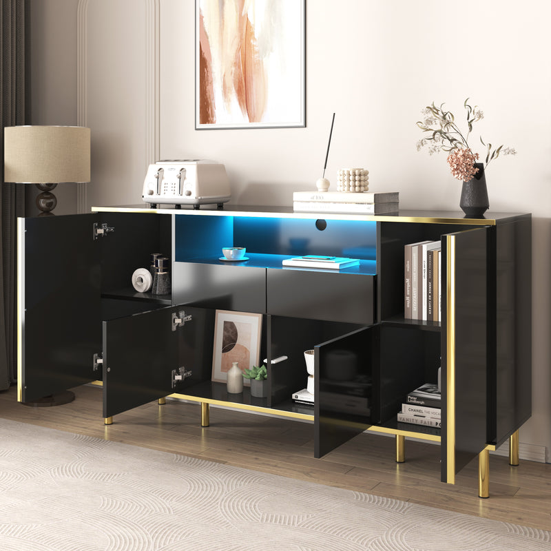 Buffet moderne noir brillant avec 2 tiroirs avec éclairage LED pieds dorés L150/P40/H80cm YIRELL