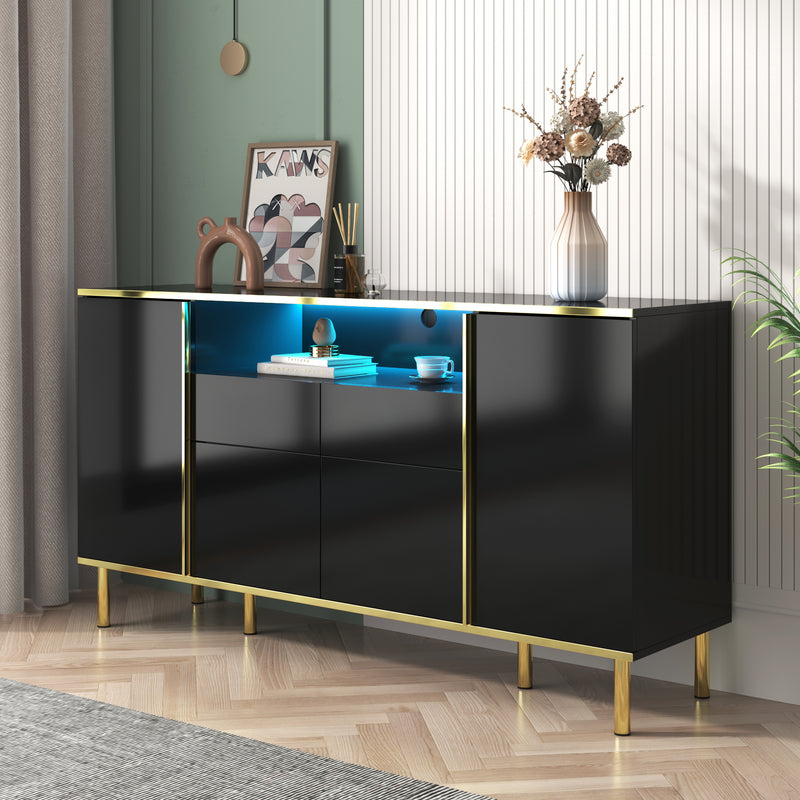 Buffet moderne noir brillant avec 2 tiroirs avec éclairage LED pieds dorés L150/P40/H80cm YIRELL