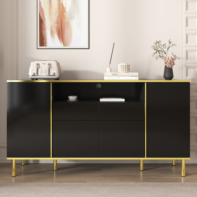 Buffet moderne noir brillant avec 2 tiroirs avec éclairage LED pieds dorés L150/P40/H80cm YIRELL