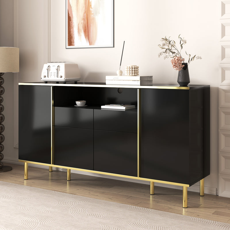 Buffet moderne noir brillant avec 2 tiroirs avec éclairage LED pieds dorés L150/P40/H80cm YIRELL