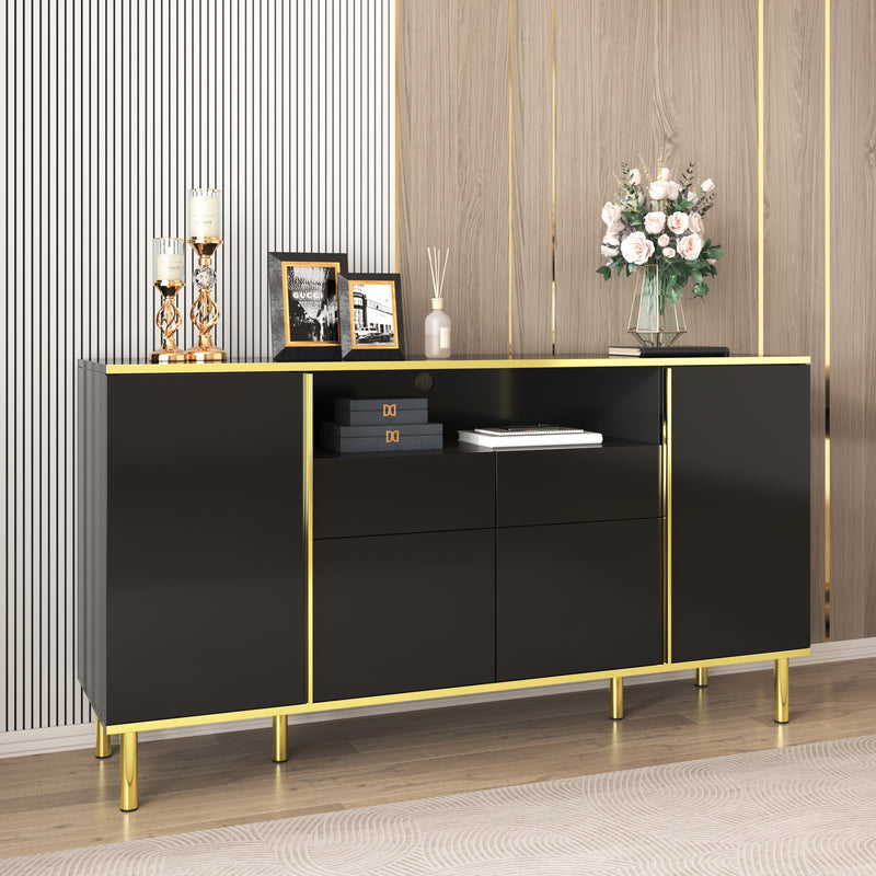 Buffet moderne noir brillant avec 2 tiroirs avec éclairage LED pieds dorés L150/P40/H80cm YIRELL