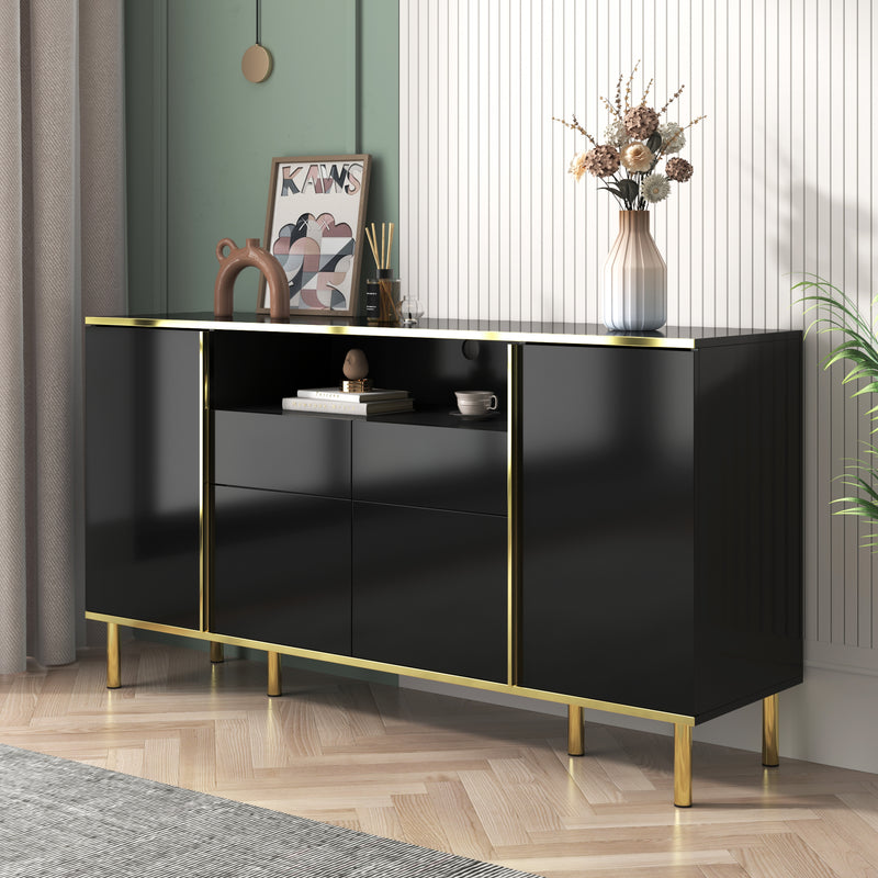 Buffet moderne noir brillant avec 2 tiroirs avec éclairage LED pieds dorés L150/P40/H80cm YIRELL