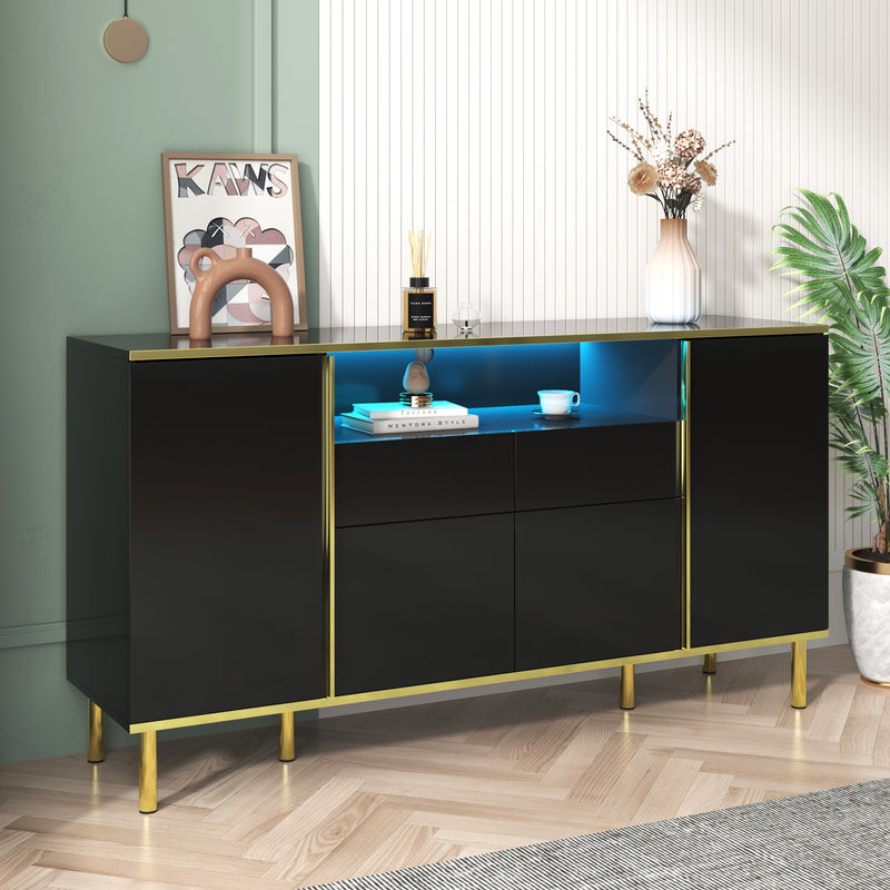 Buffet moderne noir brillant avec 2 tiroirs avec éclairage LED pieds dorés L150/P40/H80cm YIRELL