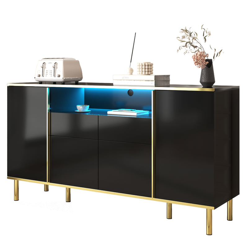 Buffet moderne noir brillant avec 2 tiroirs avec éclairage LED pieds dorés L150/P40/H80cm YIRELL