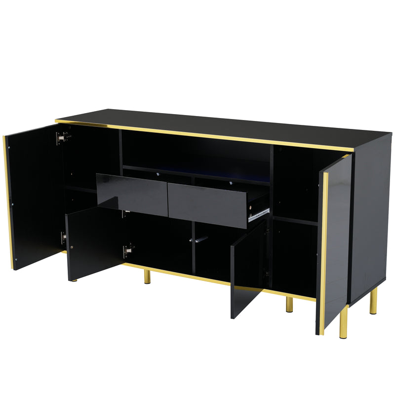 Buffet moderne noir brillant avec 2 tiroirs avec éclairage LED pieds dorés L150/P40/H80cm YIRELL