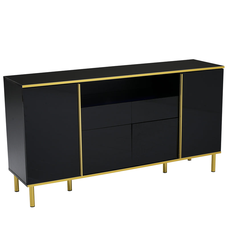 Buffet moderne noir brillant avec 2 tiroirs avec éclairage LED pieds dorés L150/P40/H80cm YIRELL