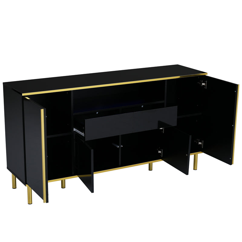 Buffet moderne noir brillant avec 2 tiroirs avec éclairage LED pieds dorés L150/P40/H80cm YIRELL