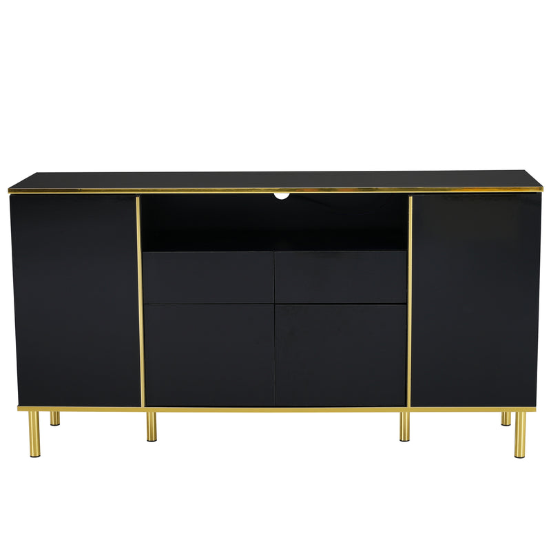 Buffet moderne noir brillant avec 2 tiroirs avec éclairage LED pieds dorés L150/P40/H80cm YIRELL