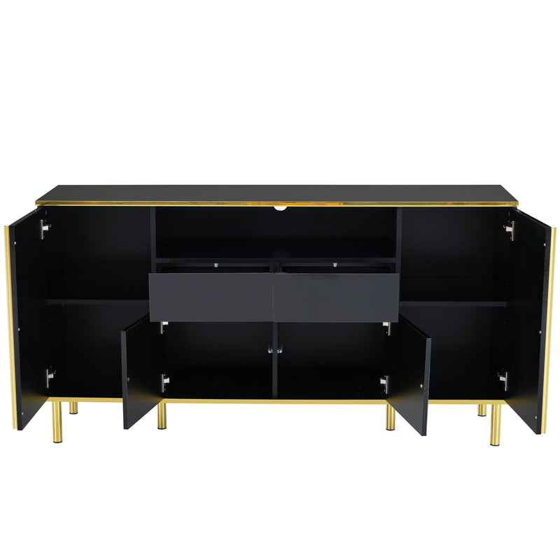 Buffet moderne noir brillant avec 2 tiroirs avec éclairage LED pieds dorés L150/P40/H80cm YIRELL