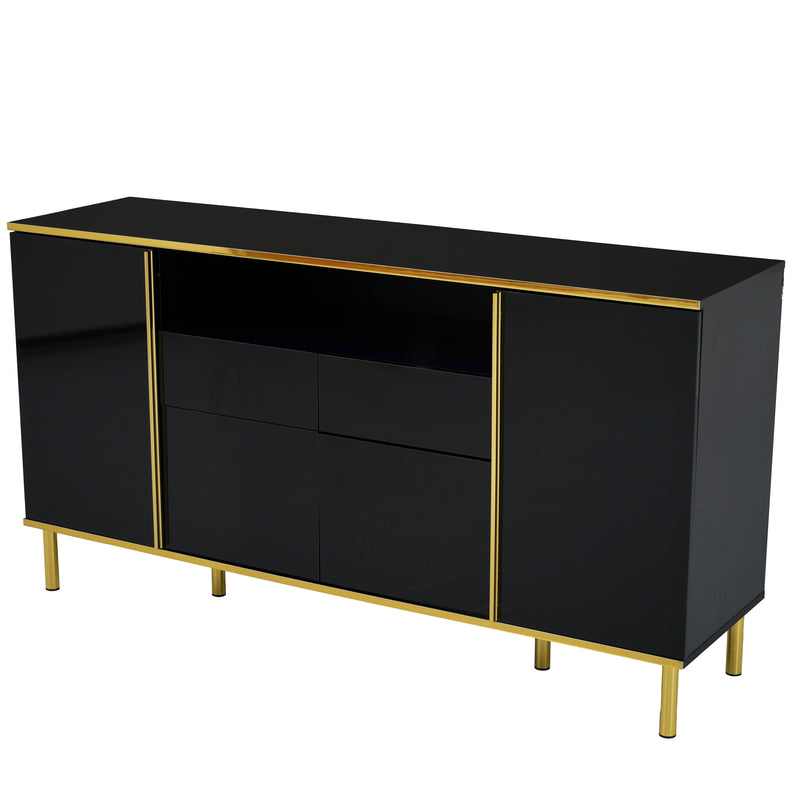 Buffet moderne noir brillant avec 2 tiroirs avec éclairage LED pieds dorés L150/P40/H80cm YIRELL