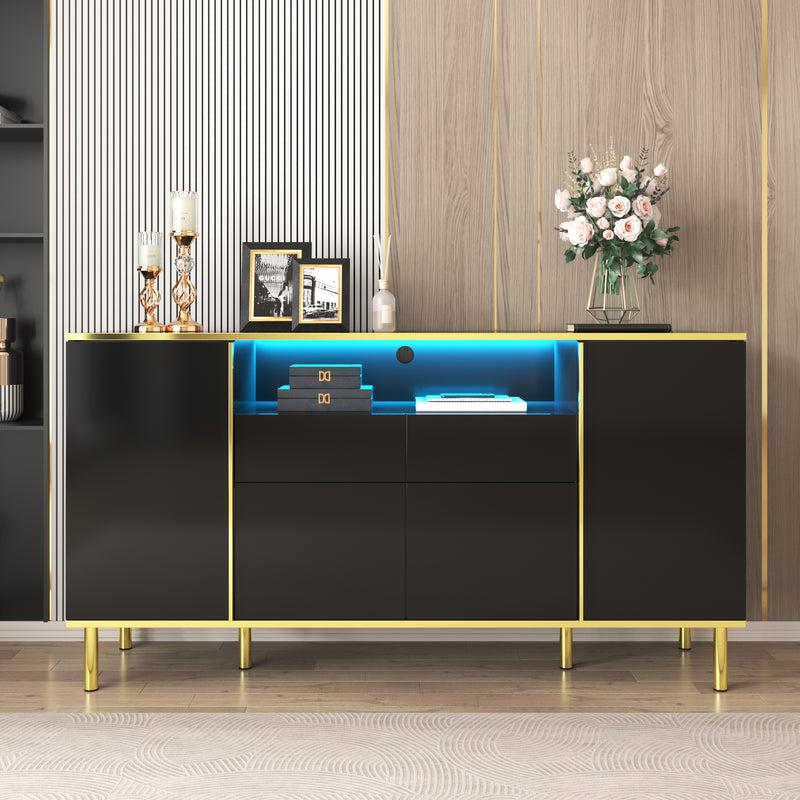 Buffet moderne noir brillant avec 2 tiroirs avec éclairage LED pieds dorés L150/P40/H80cm YIRELL