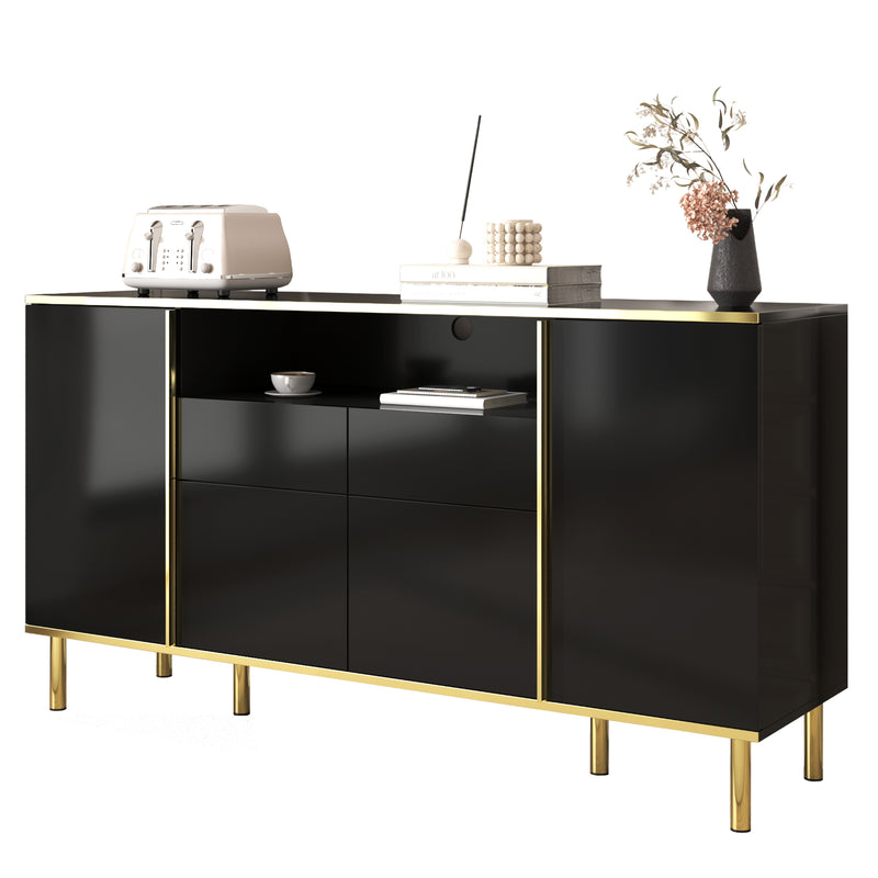 Buffet moderne noir brillant avec 2 tiroirs avec éclairage LED pieds dorés L150/P40/H80cm YIRELL