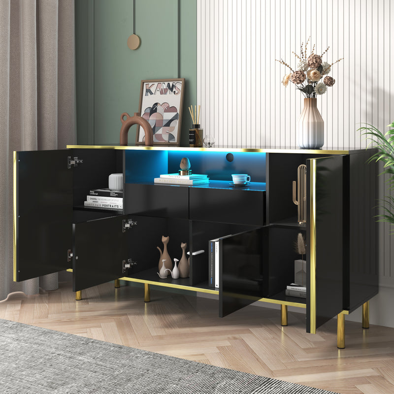 Buffet moderne noir brillant avec 2 tiroirs avec éclairage LED pieds dorés L150/P40/H80cm YIRELL