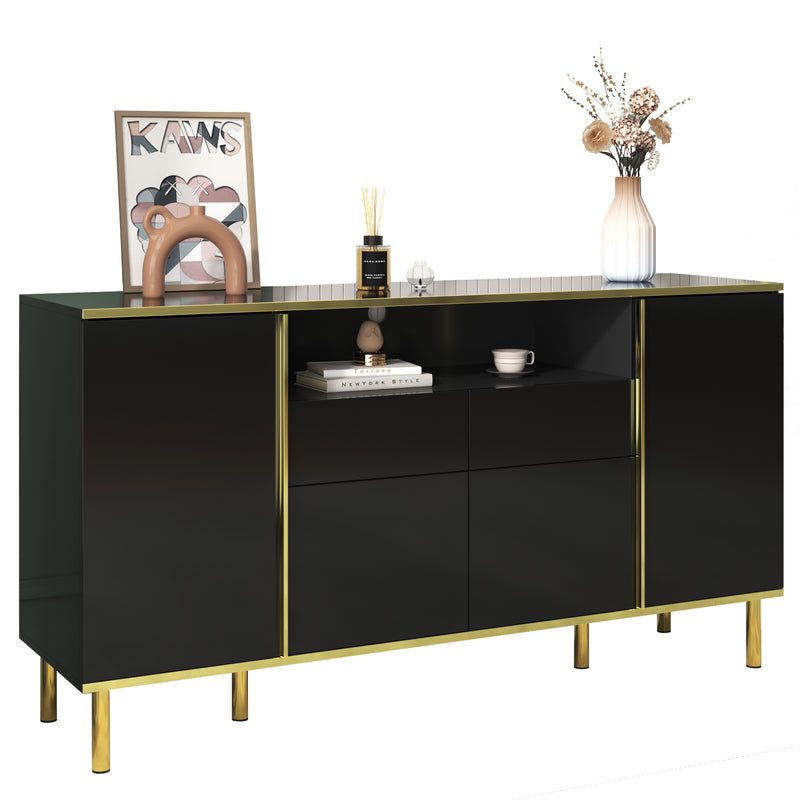 Buffet moderne noir brillant avec 2 tiroirs avec éclairage LED pieds dorés L150/P40/H80cm YIRELL