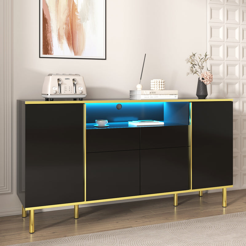 Buffet moderne noir brillant avec 2 tiroirs avec éclairage LED pieds dorés L150/P40/H80cm YIRELL