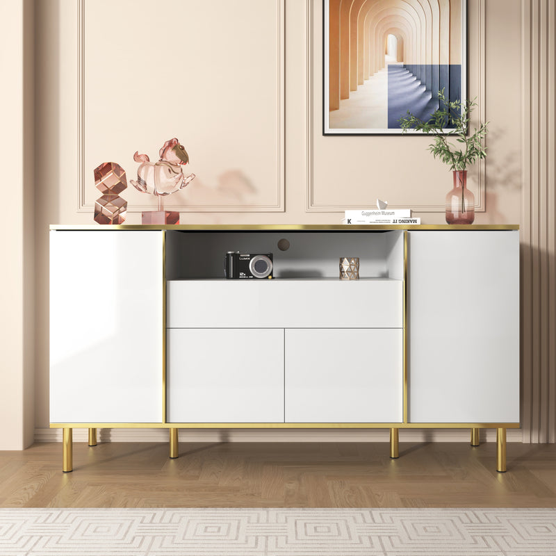 Buffet moderne luxe blanc avec éclairage LED accents dorés brillant YIRELL WHITE
