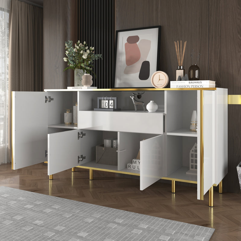 Buffet moderne luxe blanc avec éclairage LED accents dorés brillant YIRELL WHITE