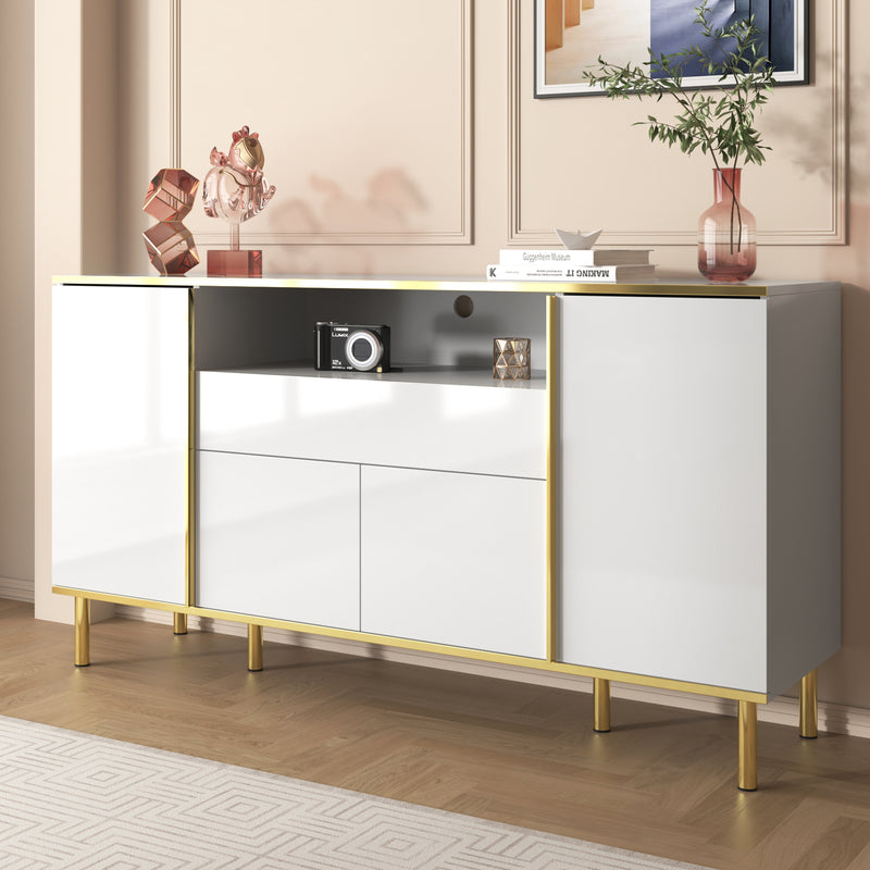 Buffet moderne luxe blanc avec éclairage LED accents dorés brillant YIRELL WHITE