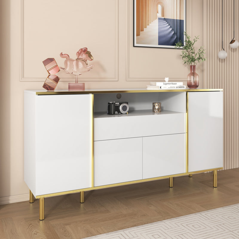 Buffet moderne luxe blanc avec éclairage LED accents dorés brillant YIRELL WHITE