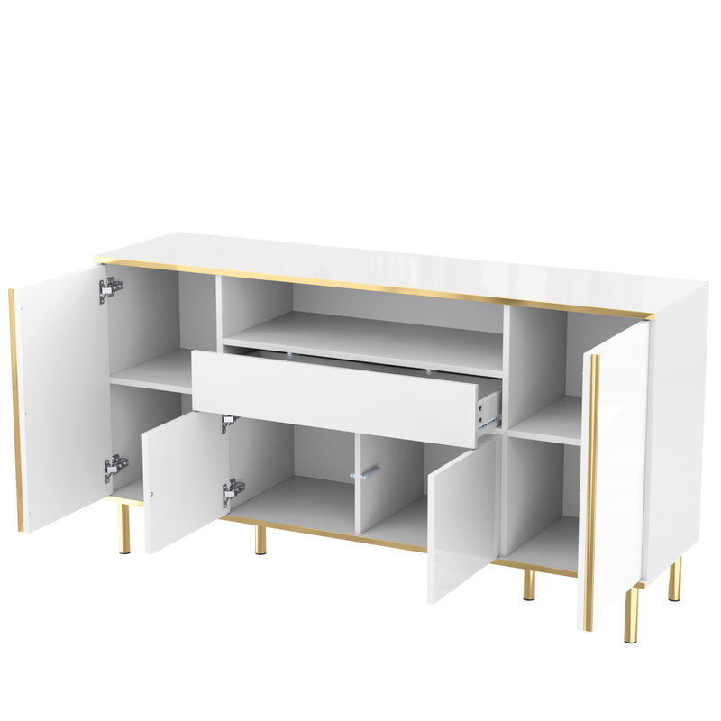 Buffet moderne luxe blanc avec éclairage LED accents dorés brillant YIRELL WHITE