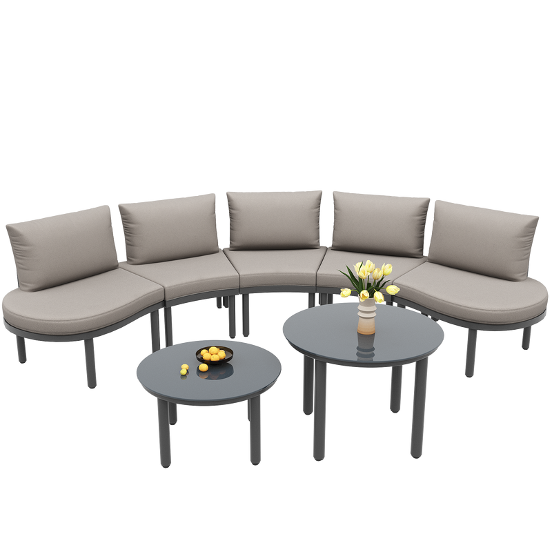 Ensemble de salon canapé de jardin arrondi (5 places), 2 tables basses en verre trempé avec coussins d&