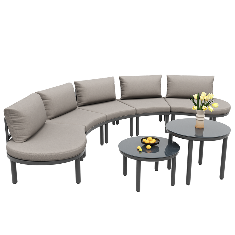 Ensemble de salon canapé de jardin arrondi (5 places), 2 tables basses en verre trempé avec coussins d&