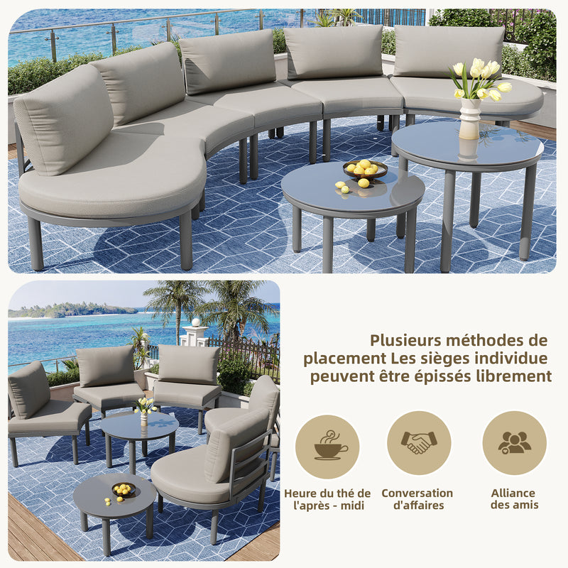 Ensemble de salon canapé de jardin arrondi (5 places), 2 tables basses en verre trempé avec coussins d&