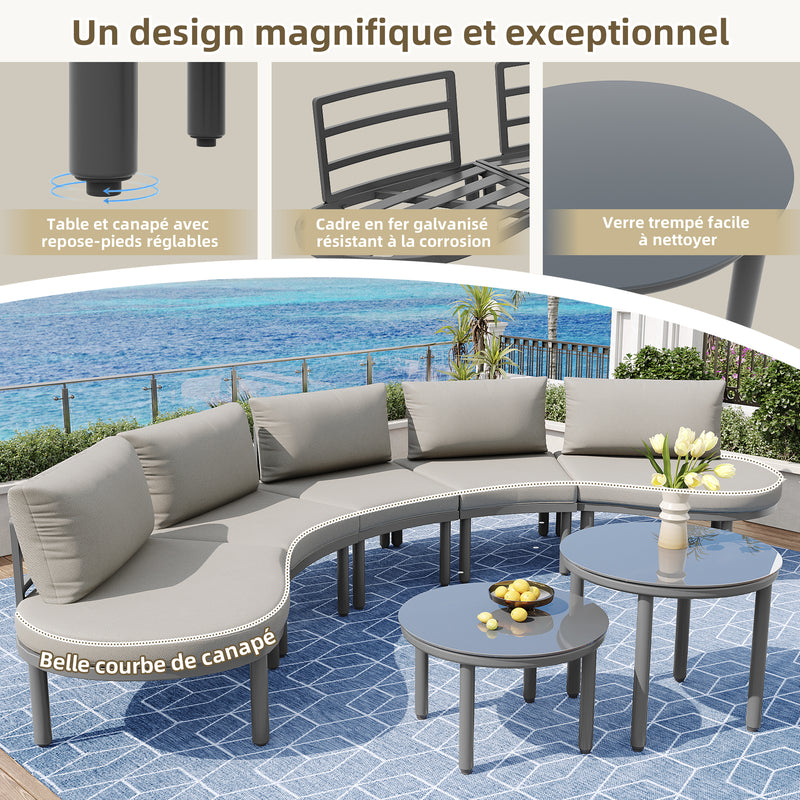Ensemble de salon canapé de jardin arrondi (5 places), 2 tables basses en verre trempé avec coussins d&