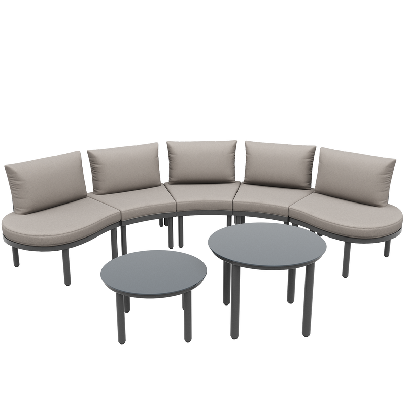Ensemble de salon canapé de jardin arrondi (5 places), 2 tables basses en verre trempé avec coussins d&