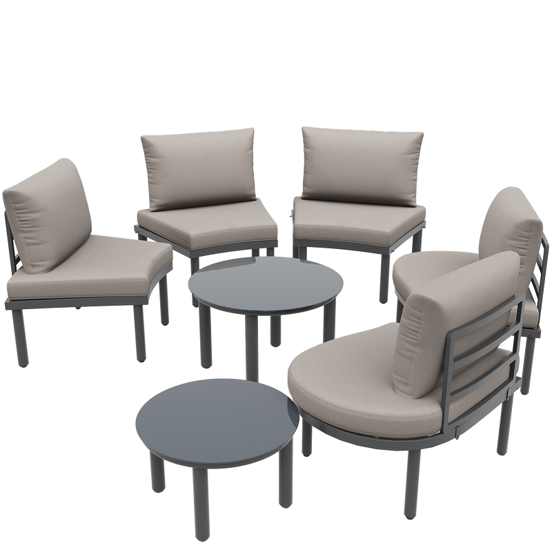 Ensemble de salon canapé de jardin arrondi (5 places), 2 tables basses en verre trempé avec coussins d&