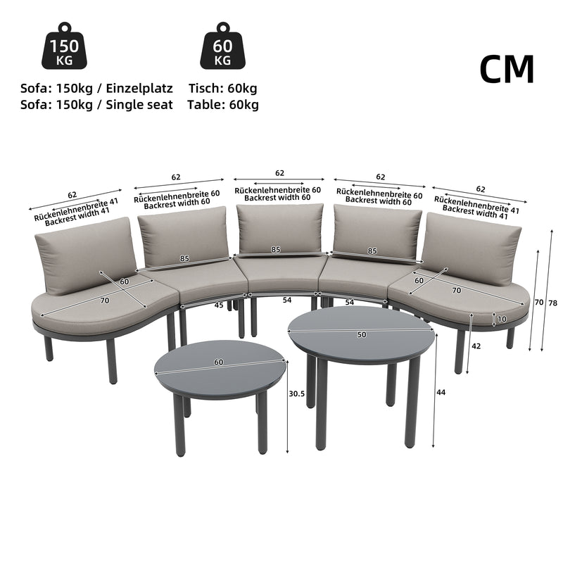Ensemble de salon canapé de jardin arrondi (5 places), 2 tables basses en verre trempé avec coussins d&