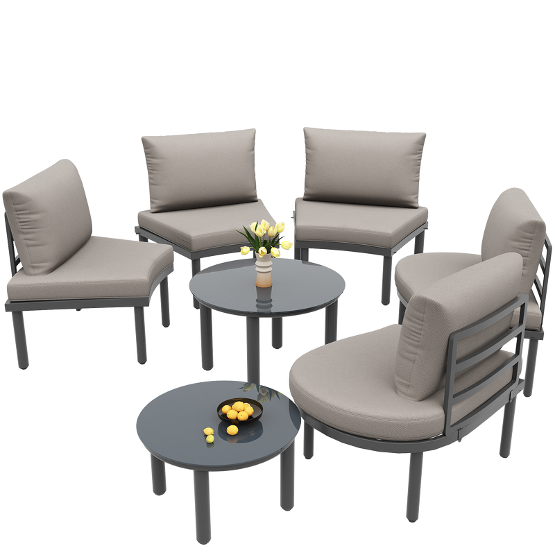 Ensemble de salon canapé de jardin arrondi (5 places), 2 tables basses en verre trempé avec coussins d&